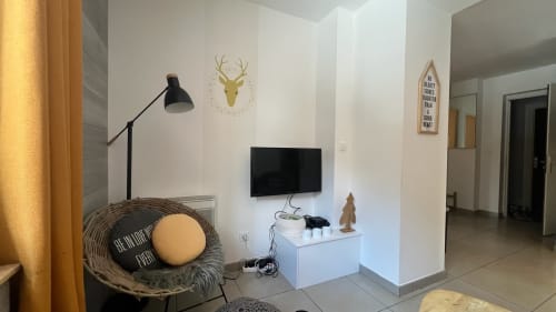 Salon moderne d'appartement avec écran plat, art mural cerf doré, fauteuil en rotin et décor style chalet montagnard chez Couleurs