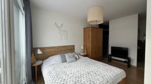Chambre moderne à Couleurs Montagne à Valloire avec lit bois, linge blanc, tableau cerfs, armoire bois et lampe suspendue