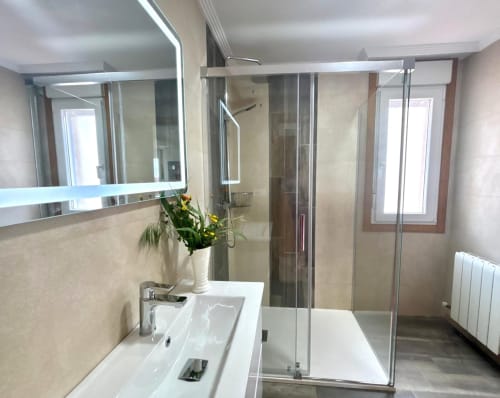 Baño moderno con ducha, lavabo, espejo y flores en la casa de vacaciones de Holibai Laranxeira