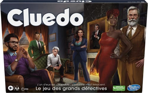 Cluedo board game box featuring detective characters in elegant room setting