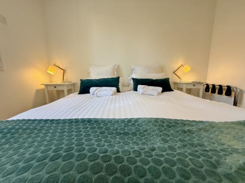 Ain room at Grange Debout guesthouse in Beynost, featuring a king-size bed that can be split into two single beds, quality linens, emerald green cushions, and a warm atmosphere for a relaxing stay near Lyon.

