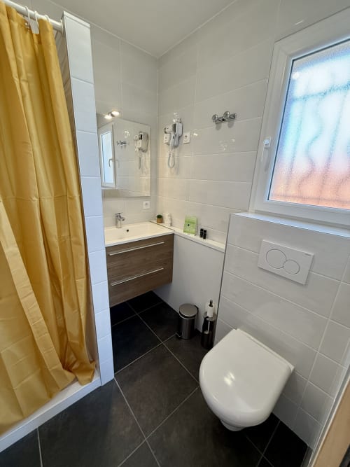 Bagno privato della camera Gex con tenda doccia gialla, mobile lavabo in legno, specchio e WC sospeso.