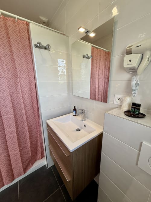 En-suite bathroom of the Bresse room with a pink shower curtain, wooden vanity unit, and large mirror.