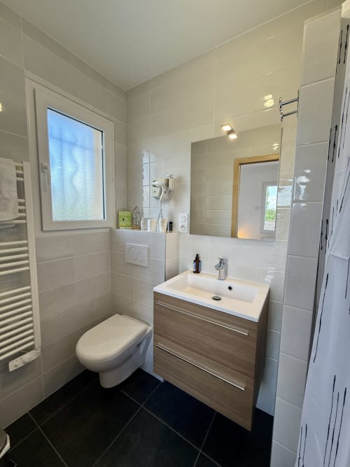 Bagno privato nella camera Bugey con mobile lavabo in legno, specchio illuminato e tenda doccia grigia.