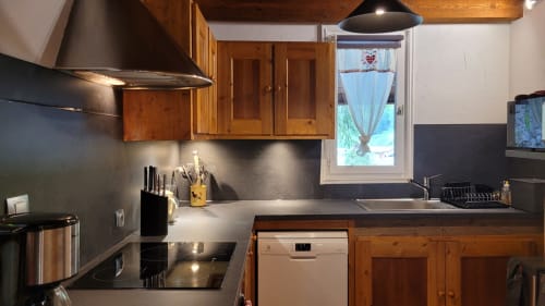La cuisine équipée d'un four électrique, four à micro ondes, plaque à induction, frigo congélateur, bouilloire, cafetière filtre et cafetière Senseo