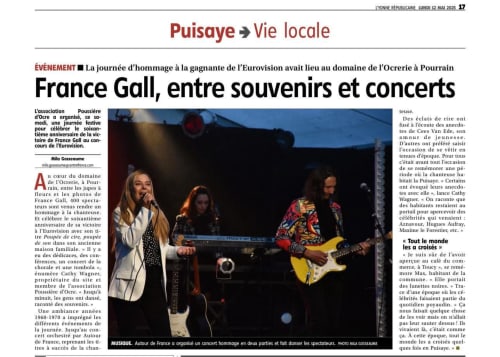 Des musiciens se produisent au Domaine de l'Ocrerie à Pourrain, célébrant France Gall lors d'un concert live et d'hommages