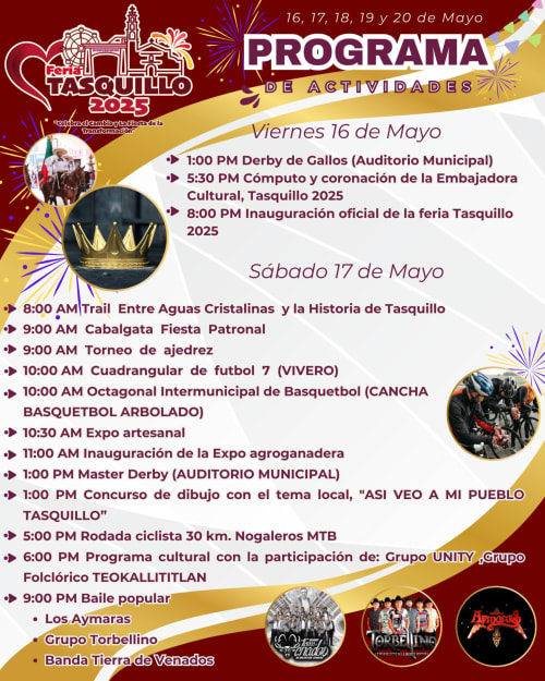 Viernes 16 y sábado 17 de mayo. Programa de la feria de Tasquillo