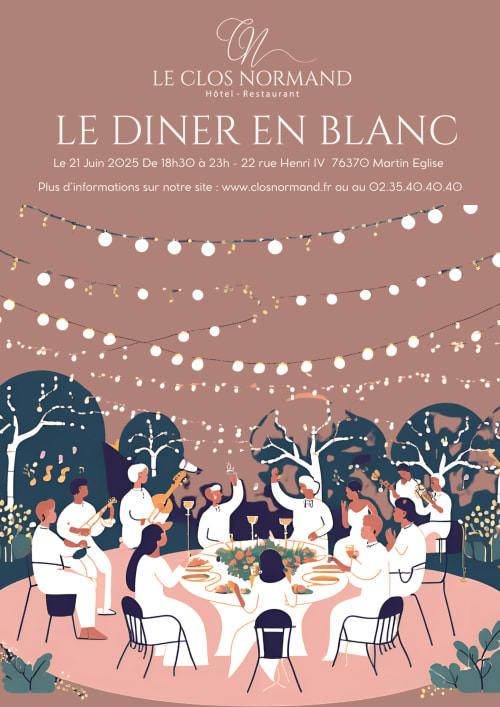 Dîner été dans le parc du Clos Normand, soirée blanche champêtre avec musicien et artistes, menu gastronomique.