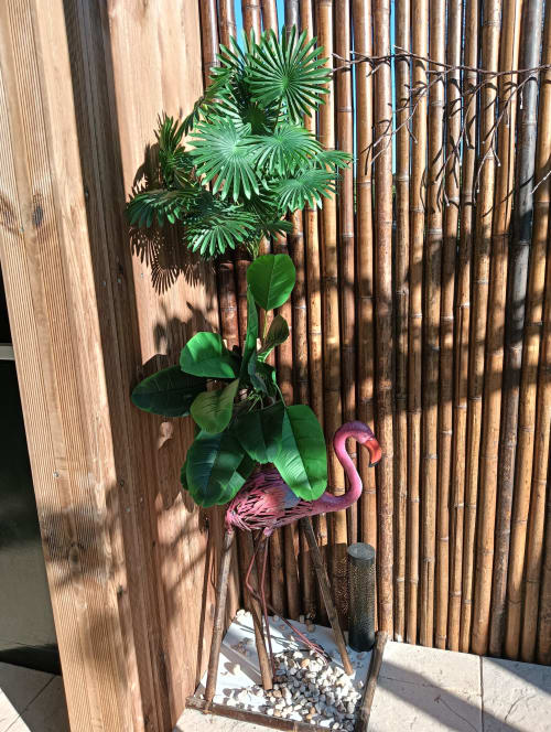Jardinière flamant rose avec plantes tropicales devant clôture en bambou à la villa Gîte des Gônes à Feyzin