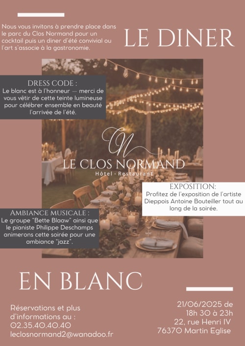 Dîner été dans le parc du Clos Normand, soirée blanche champêtre avec musicien et artistes, menu gastronomique.