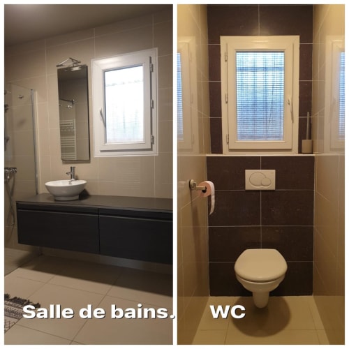 Salle de bain à l'italienne, indépendante-grand meuble de rangement avec vasque- WC (sur élevé)indépendant