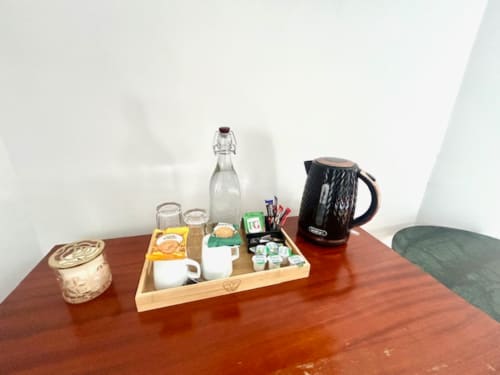 Tea and coffee hospitality tray with kettle in Superior King Room at The Railway Hotel Haydon Bridge