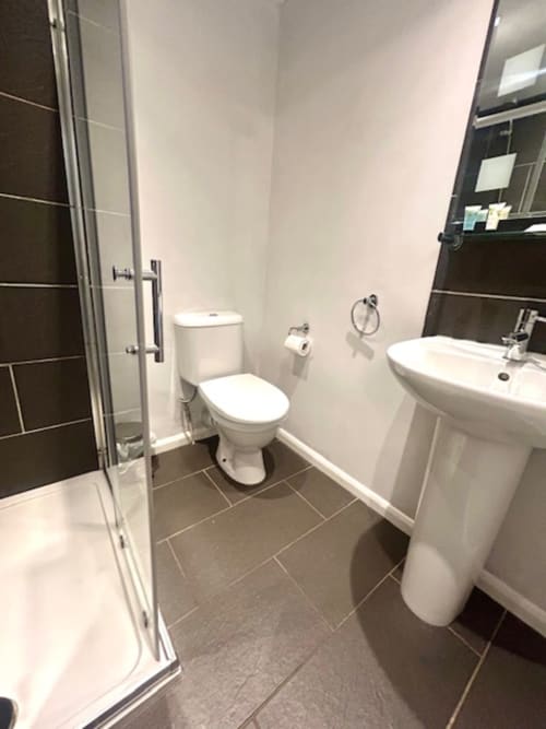 Modern bathroom in Superior King Room at The Railway Hotel Haydon Bridge, featuring white pedestal sink, toilet, and walk-in