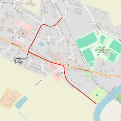 Plan d'accès de Cafecout Breizh B&B à Guipry-Messac montrant sentier pédestre et parc sportif proche