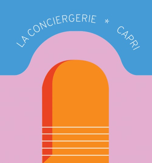 Illustrazione retrò colorata dell'hotel La Conciergerie Capri con portale ad arco e cornicione ondulato