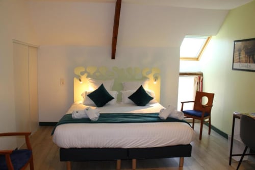 Modern bedroom at Domaine des Piéris with queen bed, black pillows, skylights, and garden view in Grandcamp-Maisy