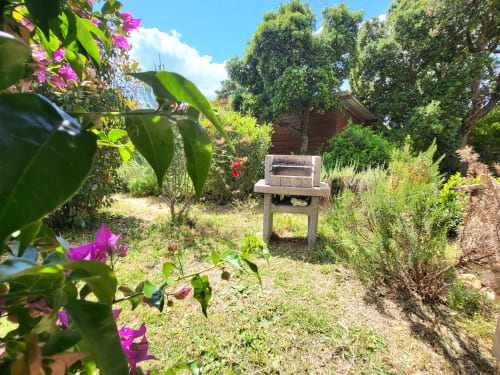 Charming garden at Villas Lantana with pink bougainvillea flowers, stone barbecue, lush greenery and trees