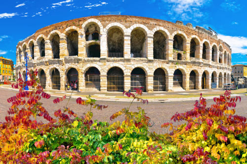 Antico anfiteatro romano a Verona con piante fiorite rosse in primo piano e cielo azzurro
