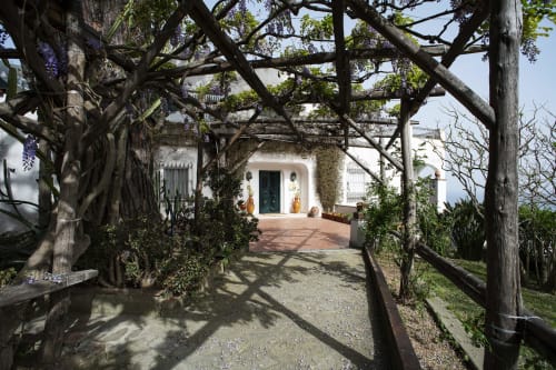 Pergolato coperto di glicine che conduce alla villa bianca mediterranea di La Conciergerie Capri