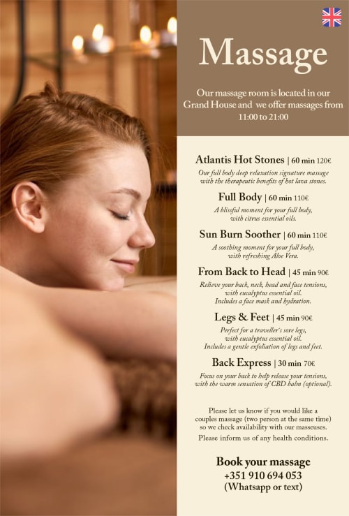 Villa Várzea massage service menu showing relaxation treatments in Várzea with pricing and booking details