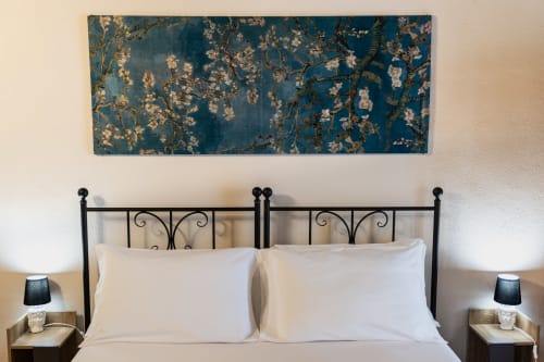 Camera elegante a Casa Fiore del Borgo con letto in ferro nero, cuscini bianchi e quadro floreale blu sopra a Castiglione di