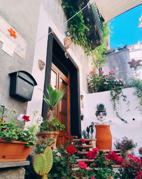 Ingresso di Casa Fiore del Borgo a Castiglione di Sicilia con fiori colorati e piante in vaso