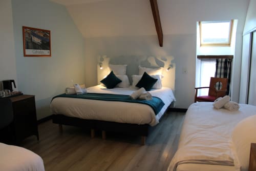 Spacious quadruple bedroom at Domaine des Piéris with dual beds, deer-themed headboard, skylights, and garden views
