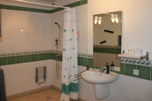 Modern bathroom in Domaine des Piéris B&B with green and white tiles, sink, mirror, shower with curtain, and heated towel