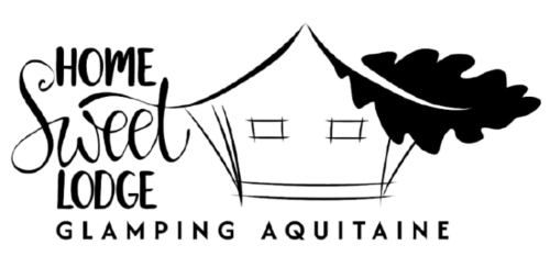 Logo Home Sweet Lodge Glamping Aquitaine avec tente cloche, feuille de chêne, Saint Germain et Mons
