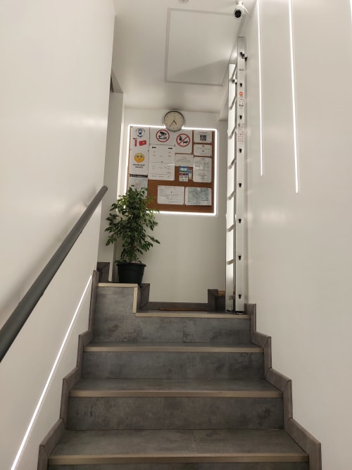 Escalier de l'appartement NancyRoom à Vandoeuvre-les-Nancy avec panneau d'affichage, plante en pot et éclairage LED blanc