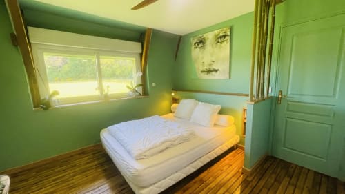 Chambre lumineuse aux murs verts avec lit queen-size, parquet et vue sur le jardin dans ce gîte en Corrèze
