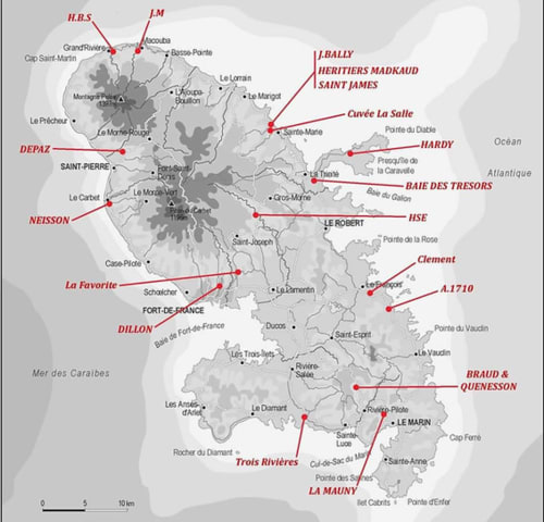 Carte des rhumeries et distilleries de la Martinique