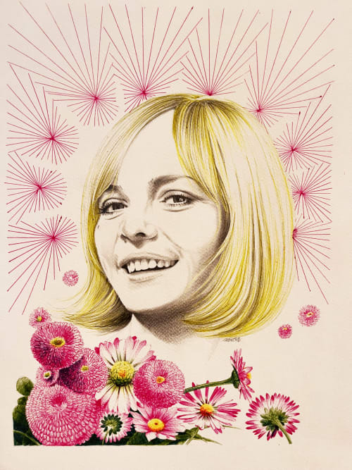 Dessin de France Gall entourée de fleurs roses et feux d'artifice, Domaine de l'Ocrerie Pourrain
