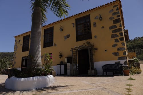 Casa amarilla con detalles de piedra y palmera en Casonas de Marengo en Icod de los Vinos, Tenerife