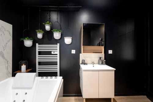 Modern black bathroom at Wellkhome Bordeaux with hanging plants, heated towel rack, and white vanity sink