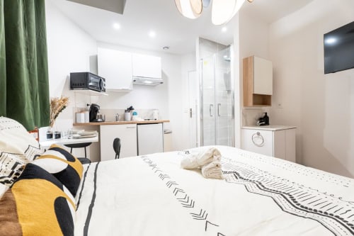 Smart studio apartment at Wellkhome Bordeaux with bed, kitchenette, bathroom, and modern amenities including TV and shower