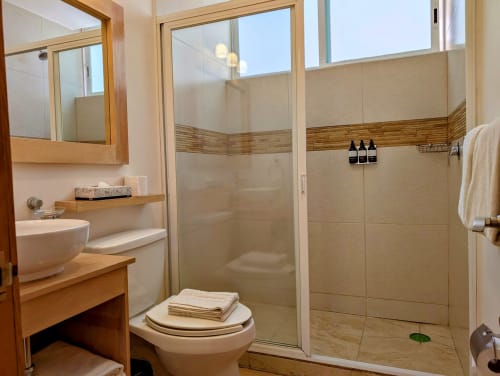 Baño moderno en Casa Donceles, Ciudad de México, con ducha abierta, vanidad de madera, inodoro y acabados en azulejos beige