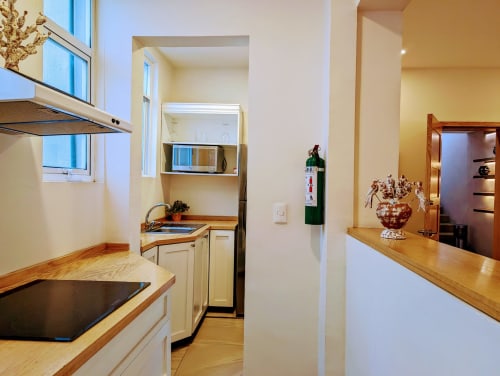 Cocina moderna con encimeras de madera, placa de inducción y electrodomésticos de acero inoxidable en penthouse Casa Donceles, México