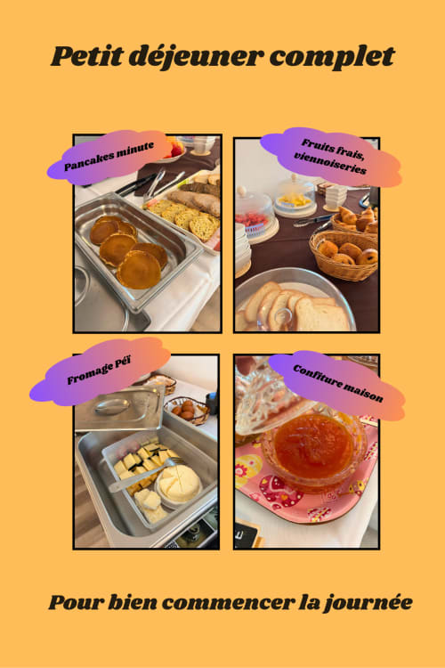 Petit-déjeuner de l'Hôtel le Soleil Couchant : crêpes, viennoiseries, fruits frais, fromage et confiture maison à Saint-Pierre