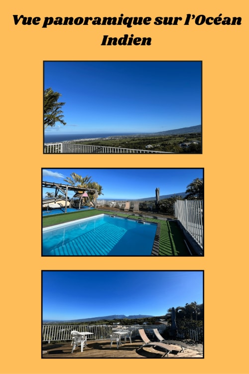 Hôtel le Soleil Couchant St Pierre : vue panoramique sur l'océan, piscine et terrasse dominant l'océan Indien