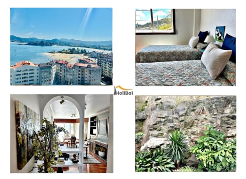 Apartamento en Baiona con vistas al mar, dormitorio, terraza, arco interior y jardín costero. Propiedad Holibai.