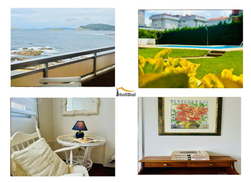 Apartamento Holibai en Baiona con vistas al mar de las Islas Cíes, terraza océano, piscina, jardín y comodidades interiores