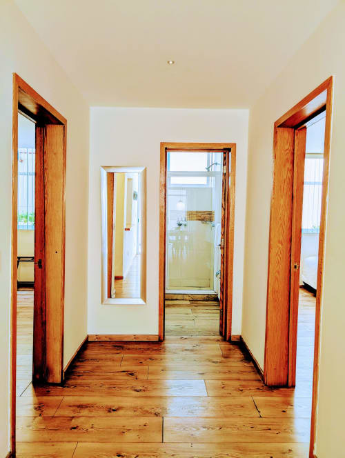 Pasillo del apartamento Casa Donceles con puertas de madera, pisos de parquet y entrada al baño con marco de vidrio