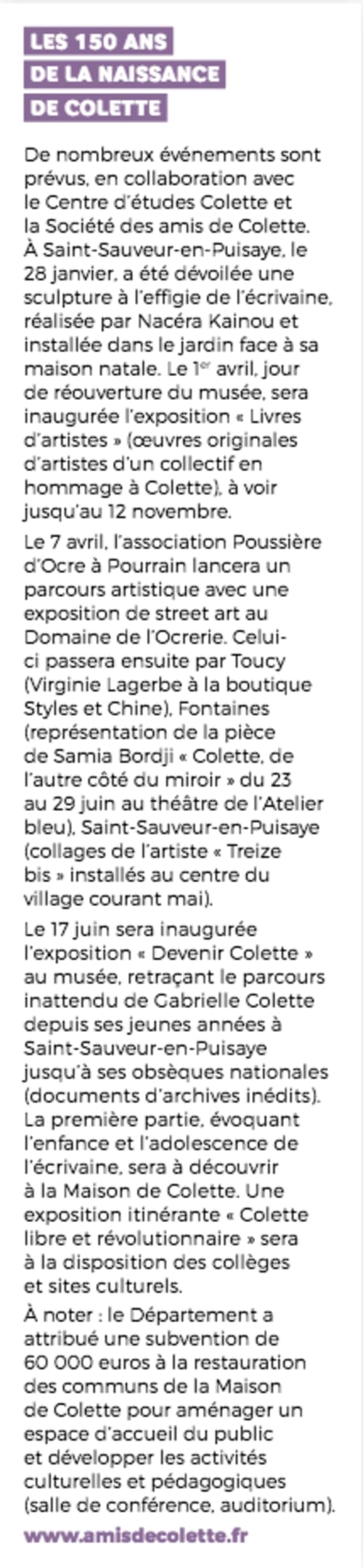 Article annonçant les célébrations du 150e anniversaire de Colette et les événements culturels au Domaine de l'Ocrerie à Pourrain