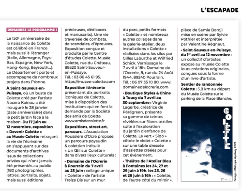 Guide des événements culturels français présentant les célébrations de l'anniversaire de Colette et les expositions du Domaine de l'Ocrerie à Pourrain