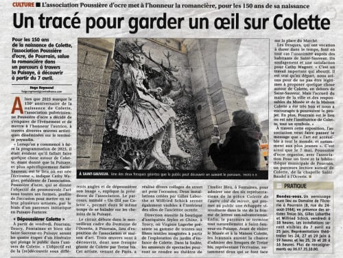 Article de journal français célébrant l'anniversaire de Colette à Pourrain avec esquisse artistique