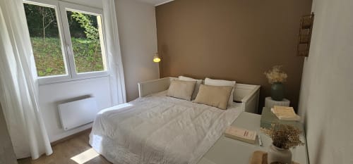Chambre mur marron  lit convertible avec vue forêt