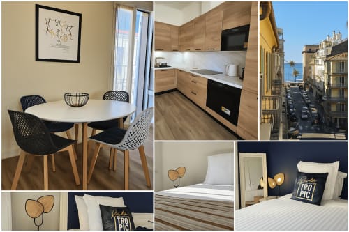 Hôtel De La Fontaine Nice: modernes Apartment mit Essbereich, Küche, Schlafzimmer und Meerblick