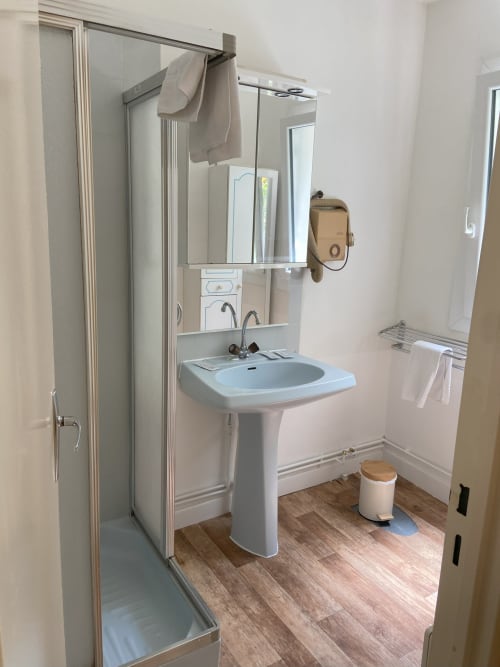 Salle de bain moderne avec lavabo sur piédestal, douche à l'italienne et sol effet bois à l'Hôtel De La Bonnheure, Bracieux