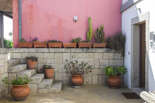 Encantador patio en Casa das Jardas con pared rosa, cactus en macetas, escalones de piedra y jardineras de barro en Ladoeiro